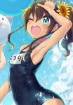  ahoge arm_up armpits bangs blue_eyes blue_sky blush breasts brown_hair cat character_name clouds cloudy_sky collarbone eyebrows_visible_through_hair flat_chest flower hair_ornament hololive minamura_haruki natsuiro_matsuri official_art one-piece_swimsuit one_eye_closed open_mouth outdoors ponytail school_swimsuit sideboob sky solo_focus sparkle sunflower swimsuit water 