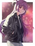  1girl alternate_costume artist_name border damda denim expressionless fate/grand_order fate_(series) hands_in_pockets jacket jeans leather leather_jacket long_hair open_clothes open_jacket pants purple_hair red_eyes ribbed_sweater scathach_(fate)_(all) scathach_(fate/grand_order) short_sidetail solo sweater two_side_up white_border younger zipper 