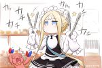  &gt;_&lt; +++ 1girl :d abigail_williams_(fate/grand_order) bangs black_dress blonde_hair blue_eyes braid butterfly_hair_ornament closed_eyes commentary_request crossed_bandaids dress fate/grand_order fate_(series) hair_ornament highres holding keyhole long_hair long_sleeves looking_away motion_lines neon-tetora open_mouth parted_bangs shirt sidelocks signature sleeveless sleeveless_dress sleeves_past_fingers sleeves_past_wrists smile solo star stuffed_animal stuffed_toy teddy_bear tongs translated very_long_hair white_shirt xd 