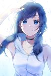  1girl :3 amano_hina_(tenki_no_ko) arm_up armpits bare_arms bare_shoulders black_choker blue_eyes blue_hair breasts choker closed_mouth collarbone commentary_request glint hair_over_shoulder hood hood_down hoodie long_hair looking_at_viewer low_twintails myusha pink_shirt rain shirt sleeveless sleeveless_hoodie sleeveless_shirt small_breasts smile solo tenki_no_ko twintails undershirt upper_body water white_hoodie 
