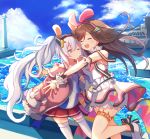  2girls a.i._channel absurdres animal_ears azur_lane bangs bare_shoulders blue_sky brown_hair check_commentary closed_eyes closed_mouth commentary commentary_request crossover day detached_collar dock frilled_skirt frills hair_between_eyes hairband heart highres hug huge_filesize jacket kizuna_ai kizuna_ai_(anniversary)_(azur_lane) laffey_(azur_lane) lighthouse long_hair long_sleeves looking_at_another multicolored_hair multiple_girls ocean one_eye_closed open_mouth outdoors pleated_skirt rabbit_ears red_eyes silver_hair skirt sky sleeveless sleeves_past_wrists standing standing_on_one_leg streaked_hair sunlight thigh-highs thigh_strap twintails umika35 very_long_hair white_footwear white_legwear wrist_cuffs 