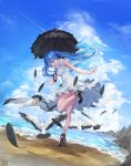  1girl :d absurdres beach bird black_feathers black_footwear black_umbrella blue_eyes blue_hair blue_sky clouds day dress floating_hair full_body hatsune_miku high_heels highres holding holding_umbrella layered_dress leg_up long_hair looking_at_viewer looking_back open_mouth outdoors pumps short_dress sky sleeveless sleeveless_dress smile solo standing standing_on_one_leg strapless strapless_dress sundress umbrella user_xefs3474 very_long_hair vocaloid white_dress white_feathers 