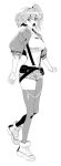  1girl aina_ardebit chomoran gloves highres jacket long_hair midriff monochrome open_mouth promare shorts side_ponytail solo suspenders thigh-highs white_background 