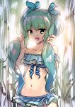  1girl :d bangs bare_shoulders bikini blue_bikini blue_ribbon collarbone commentary_request cowboy_shot eyebrows_visible_through_hair green_eyes green_hair groin hair_ribbon hatsune_miku highres holding holding_hair long_hair navel open_mouth ribbon round_teeth sketch smile solo standing swimsuit teeth twintails upper_teeth very_long_hair vocaloid yan_(nicknikg) 