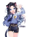  1girl :d animal_ears arm_up bangs black_hair black_neckwear black_shorts blue_eyes blue_shirt blush cat_ears cat_girl cat_tail collared_shirt commentary_request commission eyebrows_visible_through_hair forehead hand_on_hip head_tilt korean_commentary korean_text long_hair long_sleeves looking_at_viewer mechuragi necktie open_mouth original parted_bangs puffy_long_sleeves puffy_sleeves shirt short_shorts shorts simple_background smile solo tail thigh_gap very_long_hair white_background 
