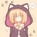  1girl animal_ears animal_hood azur_lane bangs bataan_(azur_lane) black_jacket blonde_hair blue_eyes blush brown_background cat_ears cat_hood collarbone commentary_request eyebrows_visible_through_hair fake_animal_ears flying_sweatdrops hair_between_eyes hands_up hood hood_up hooded_jacket jacket long_sleeves open_clothes open_jacket parted_lips paw_background sakurato_ototo_shizuku simple_background sleeves_past_wrists solo spoken_blush tank_top upper_body white_tank_top 