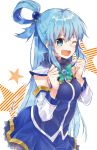  1girl aqua_(konosuba) bare_shoulders blue_eyes blue_hair blush bow breasts commentary_request detached_sleeves eyebrows_visible_through_hair gem green_bow hair_between_eyes hair_ornament hair_rings highres kono_subarashii_sekai_ni_shukufuku_wo! large_breasts long_hair looking_at_viewer one_eye_closed open_mouth smile solo u_yuz_xx very_long_hair 