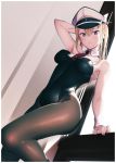  1girl armpits bangs black_legwear blonde_hair blush breasts bunnysuit eyebrows_visible_through_hair fingernails graf_zeppelin_(kantai_collection) hair_between_eyes hat highres indoors iron_cross kantai_collection long_hair looking_at_viewer pantyhose peaked_cap sidelocks solo touyama_eight twintails wrist_cuffs 