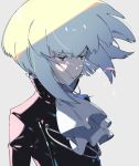  bangs black_jacket close-up closed_mouth cravat face green_hair jacket lio_fotia male_focus promare shirikon solo_focus upper_body violet_eyes 