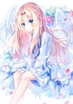  1girl bird_wings blonde_hair blue_eyes blurry blush commentary_request depth_of_field dress feathered_wings firo_(tate_no_yuusha_no_nariagari) floral_background flower highres long_hair looking_at_viewer petals rose satou_(3366_s) sitting solo tate_no_yuusha_no_nariagari white_dress white_wings wind wings 