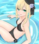  1girl :d atsumisu bare_arms bare_shoulders beret bikini black_bikini black_headwear black_ribbon blonde_hair blue_nails blush breasts collarbone commentary_request day fate_(series) fingernails flower green_eyes groin hair_flower hair_ornament hat highres innertube long_hair looking_at_viewer looking_to_the_side lord_el-melloi_ii_case_files nail_polish navel open_mouth outdoors ponytail purple_flower purple_rose reines_el-melloi_archisorte ribbon rose side-tie_bikini sidelocks small_breasts smile solo swimsuit tilted_headwear water 