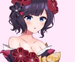  1girl bangs bare_shoulders black_hair blue_eyes blush breasts collarbone commentary_request eyebrows_visible_through_hair face fate/grand_order fate_(series) flower hair_flower hair_ornament highres japanese_clothes katsushika_hokusai_(fate/grand_order) kimono looking_at_viewer medium_breasts open_mouth purple_hair short_hair simple_background smile solo taikoi7 violet_eyes white_background 