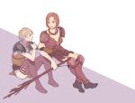  2girls armor boots bw2gold dragon_age dragon_age:_origins elf facial_tattoo grey_warden leliana_(dragon_age) multiple_girls orange_hair pointy_ears shoulder_armor staff tattoo thigh-highs 