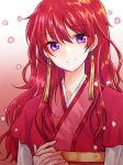  1girl akatsuki_no_yona bangs earrings eyebrows_visible_through_hair gradient gradient_background grin hair_between_eyes hands_clasped head_tilt ihye jewelry long_hair long_sleeves looking_at_viewer own_hands_together redhead shiny shiny_hair short_over_long_sleeves short_sleeves smile solo violet_eyes yona_(akatsuki_no_yona) 