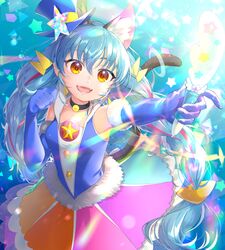  1girl :d absurdres animal_ear_fluff animal_ears aqua_hair blue_gloves blue_headwear boots braid cat_ears cat_girl cat_tail cure_cosmo fur-trimmed_gloves fur_trim gloves highres holding huge_filesize long_hair multicolored multicolored_clothes multicolored_hair multicolored_skirt open_mouth outstretched_arm pink_hair precure rainbow_skirt revision skirt smile star_twinkle_precure tail tail_raised tail_ring thigh-highs thigh_boots twin_braids very_long_hair yellow_eyes yuni_(precure) yupiteru 