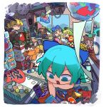  bangs black_hair blonde_hair blue_bow blue_eyes blue_hair blue_sky bow brown_eyes brown_hair candy cashier chen chibi cirno clock electric_fan fish fisheye food grandfather_clock green_hair green_headwear hair_bow hair_bun hand_fan hat ice_cream lollipop looking_at_viewer looking_down moyazou_(kitaguni_moyashi_seizoujo) multiple_girls open_mouth orange_hair reaching_out shop short_hair sky snack source_request star_sapphire sunny_milk television touhou twintails vending_machine white_headwear window yellow_eyes 