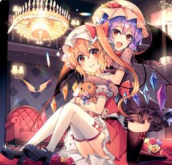  2girls :d alternate_costume ass bangs bat bat_wings black_dress black_footwear black_legwear blonde_hair blush bow chandelier commentary_request couch crystal dress eyebrows_visible_through_hair fangs fangs_out flandre_scarlet flower hair_between_eyes hat hat_bow hat_flower high_heels holding holding_stuffed_animal hug hug_from_behind indoors kirero kneeling lavender_hair leaf light_particles long_hair looking_at_viewer mary_janes miniskirt mob_cap multiple_girls one_side_up open_mouth panties pantyshot pantyshot_(sitting) petticoat pink_headwear pointy_ears puffy_short_sleeves puffy_sleeves purple_bow railing red_bow red_flower red_footwear red_rose red_sash red_skirt red_vest remilia_scarlet rose sash shirt shoes short_dress short_sleeves siblings sidelocks sisters sitting skirt skirt_set smile stuffed_animal stuffed_toy teddy_bear thigh-highs thighs touhou underwear vest white_headwear white_panties white_shirt wings yellow_flower yellow_rose 