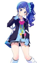  1girl absurdres aikatsu! aikatsu!_(series) bag bangs blazer blue_cardigan blue_eyes blue_hair blue_jacket blue_scrunchie blush bokkun_(doyagaobyo) bow cardigan cellphone collared_shirt dress_shirt ear_piercing earrings eyebrows_visible_through_hair fingernails grey_skirt hair_ornament hair_scrunchie hairclip hand_up high_ponytail highres jacket jewelry kiriya_aoi kneehighs long_hair long_sleeves loose_socks nail_polish open_blazer open_clothes open_jacket orange_nails parted_bangs parted_lips phone piercing pink_bow plaid plaid_skirt pleated_skirt polka_dot ring school_bag school_uniform scrunchie shirt side_ponytail simple_background skirt sleeves_past_wrists smartphone solo sparkling_eyes stud_earrings unmoving_pattern v-shaped_eyebrows white_background white_legwear 