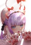  1girl animal_ears blue_eyes blush cat_ears cat_tail cosplay eyebrows_visible_through_hair fake_animal_ears fake_tail gloves hair_bobbles hair_ornament hairband hanbenp highres kanna_kamui kobayashi-san_chi_no_maidragon long_hair looking_at_viewer open_mouth paw_gloves paws purple_hair ribbon shiny shiny_hair simple_background solo tail thigh-highs twintails white_background white_legwear 