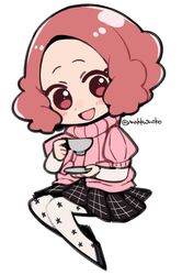  1girl :d atlus blush brown_eyes brown_hair chibi commentary_request cup cute do_m_kaeru floral_print megami_tensei moe okumura_haru open_mouth pantyhose persona persona_5 pink_sweater plaid plaid_skirt print_legwear ribbed_sweater saucer short_hair shuujin_academy_uniform skirt smile solo sweater teacup twitter_username white_legwear 