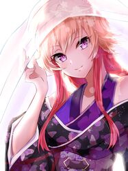  1girl ayase_aya blonde_hair braid closed_mouth collarbone eyebrows_visible_through_hair hair_between_eyes highres idolmaster idolmaster_cinderella_girls japanese_clothes kimono long_hair looking_at_viewer multicolored_hair ninomiya_asuka pink_eyes pink_hair sidelocks smile solo two-tone_hair upper_body white_background 