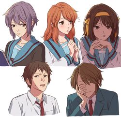  2boys 3girls a-ka asahina_mikuru brown_eyes brown_hair chin_rest closed_eyes closed_mouth commentary_request eyebrows_visible_through_hair hairband kita_high_school_uniform koizumi_itsuki kyon long_hair long_sleeves looking_at_viewer looking_to_the_side multiple_boys multiple_girls nagato_yuki necktie open_mouth orange_hair orange_hairband purple_hair red_neckwear school_uniform shirt short_hair simple_background suzumiya_haruhi suzumiya_haruhi_no_yuuutsu upper_body white_background white_shirt 