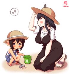  2girls :3 alternate_costume artist_logo black_hair blue_eyes bow braid brown_hair bucket commentary_request dated eighth_note hair_bow hair_ornament hat highres kanon_(kurogane_knights) kantai_collection multiple_girls musical_note rake red_bow red_eyes sand sandals shigure_(kantai_collection) shoes short_hair signature single_braid smile speech_bubble spoken_musical_note squatting straw_hat sun_hat tan tanline yamashiro_(kantai_collection) 