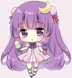  1girl absurdly_long_hair bangs black_footwear black_neckwear blunt_bangs blush bow bowtie chestnut_mouth chibi commentary_request crescent crescent_hair_ornament double_bun dress eyebrows_visible_through_hair food hair_ornament hair_ribbon head_tilt holding holding_food ice_cream ice_cream_cone kagome_f lavender_background leg_ribbon long_hair looking_at_viewer no_hat no_headwear open_clothes open_robe patchouli_knowledge pink_robe purple_hair ribbon robe shiny shiny_hair short_dress sidelocks simple_background solo standing striped striped_dress touhou tress_ribbon vertical-striped_dress vertical_stripes very_long_hair violet_eyes 