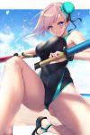  1girl ass_visible_through_thighs bangs bare_shoulders beach black_swimsuit blue_eyes blue_sky blue_swimsuit blush border breasts bun_cover closed_mouth commentary competition_swimsuit fate/grand_order fate_(series) floating_hair fukai_ryousuke hair_bun highleg highleg_swimsuit highres large_breasts long_hair looking_at_viewer miyamoto_musashi_(fate/grand_order) one-piece_swimsuit pink_hair sandals sky smile solo swept_bangs swimsuit thighs toy_sword two-tone_swimsuit water_drop white_border 