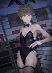  1girl animal_ears bangs black_eyes bow bowtie breasts bunnysuit cigarette clouds fishnet_legwear fishnets grey_hair hand_on_hip highres leaning_back light_smile looking_at_viewer night night_sky open_mouth original rabbit_ears short_hair sky small_breasts smile smoke solo thigh-highs white_background wrist_cuffs yasukura_(shibu11) 