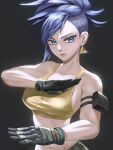  1girl alternate_hairstyle armlet asymmetrical_hair bare_shoulders blue_eyes blue_hair breasts closed_mouth earrings gloves gyugyu highres jewelry leona_heidern muscular muscular_female pouch solo tank_top the_king_of_fighters the_king_of_fighters_xiv the_king_of_fighters_xv triangle yellow_tank_top 