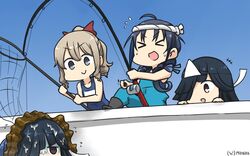  &gt;_&lt; 3girls black_hair blue_eyes blue_hair blue_sky brown_eyes commentary_request dated drill_hair dual_persona fishing_net fishing_rod ghost gradient_sky hair_between_eyes hair_ornament hair_over_one_eye hair_ribbon hamu_koutarou hatakaze_(kantai_collection) hayashimo_(kantai_collection) headband highres kantai_collection light_brown_hair long_hair low_twintails multiple_girls name_tag ponytail red_ribbon ribbon school_swimsuit seaweed sky smile suzukaze_(kantai_collection) swimsuit triangular_headpiece twintails very_long_hair 