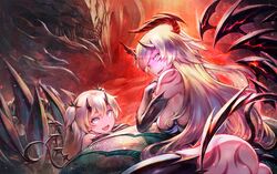  2girls ass bare_shoulders black_legwear blonde_hair blush body_markings breasts demon demon_girl demon_horns demon_tail demon_wings elbow_gloves fangs gloves glowing glowing_eyes hangetsuban_sonshou horns large_breasts long_hair looking_at_viewer multiple_girls open_mouth original pointy_ears red_eyes smile tail thigh-highs wings 