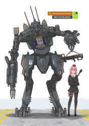  2girls anti-materiel_rifle blonde_hair blue_eyes district_9 fur_hat girls_frontline gun hat highres korean lifting mecha military multiple_girls ntw-20 ntw-20_(girls_frontline) pink_eyes pink_hair ppsh-41_(girls_frontline) rifle science_fiction selby sniper_rifle translation_request ushanka weapon 