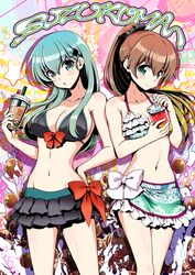  2girls aqua_hair bikini bikini_skirt black_bikini breasts brown_hair bubble_tea collarbone commentary_request cowboy_shot frilled_bikini frills green_bikini green_eyes hair_ornament hairclip head_tilt kantai_collection kumano_(kantai_collection) large_breasts long_hair looking_at_viewer multiple_girls navel ponytail sarong suzuya_(kantai_collection) swimsuit uran_(uran-factory) 