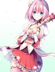  1girl blue_eyes closed_mouth cowboy_shot hairband highres holding holding_wand kusano_yui looking_at_viewer pink_hair pink_legwear pleated_skirt princess_connect! princess_connect!_re:dive red_skirt shirt short_hair simple_background skirt smile solo standing thigh-highs wand white_background white_shirt yellow_hairband yuzuki_kotona zettai_ryouiki 