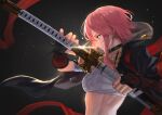  1girl absurdres alchemy_stars black_background breasts choker commentary_request hara_kenshi highres hiiro_(alchemy_stars) holding holding_sword holding_weapon medium_breasts pink_hair sarashi sheath sheathed short_hair simple_background solo spiked_gauntlets sword upper_body violet_eyes weapon 