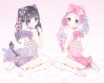  2girls ass babydoll back_bow bare_shoulders black_hair blue_ribbon bow choker demon_tail from_behind hair_bow hair_ribbon highres holding holding_stuffed_toy looking_at_viewer looking_back multiple_girls original parted_lips petite pink_bow pink_choker pink_hair purple_bow purple_choker ribbon sitting stuffed_animal stuffed_bunny stuffed_toy tail tail_bow tail_ornament thigh-highs twintails violet_eyes wariza white_legwear yd_(orange_maru) 