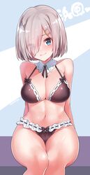  1girl blue_eyes blush bra breasts detached_collar hair_ornament hair_over_one_eye hairclip hamakaze_(kantai_collection) highres kantai_collection konnyaku_(kk-monmon) large_breasts navel panties purple_bra purple_panties short_hair silver_hair sitting smile solo underwear underwear_only 