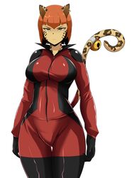  1girl bell black_gloves bodysuit catgirl earring green_eyes large_breasts leopard leopard_ears leopard_tail looking_at_viewer orange_hair red_bodysuit safurantora short_hair simple_background solo white_background 