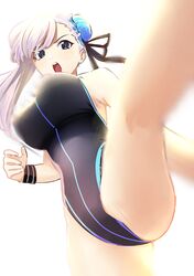  1girl absurdres ass bangs bare_shoulders black_ribbon black_swimsuit blue_eyes blue_swimsuit blush breasts bun_cover fate/grand_order fate_(series) hair_bun hair_ribbon highleg highleg_swimsuit highres kicking kujuu_shikuro large_breasts leg_up long_hair looking_at_viewer miyamoto_musashi_(fate/grand_order) open_mouth pink_hair ribbon simple_background solo swept_bangs swimsuit two-tone_swimsuit white_background wristband 