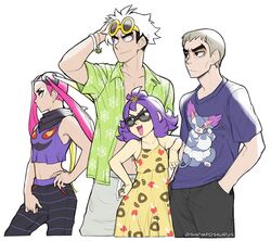  2boys 2girls acerola_(pokemon) alternate_costume arbok closed_mouth dress elite_four eyewear_on_head gen_1_pokemon gen_2_pokemon gen_4_pokemon gen_7_pokemon grey_hair guzma_(pokemon) hands_in_pockets island_kahuna kuchinashi_(pokemon) long_hair multiple_boys multiple_girls open_clothes open_mouth open_shirt pink_hair plumeri_(pokemon) pokemon pokemon_(game) pokemon_sm purugly red_eyes sandygast short_hair short_sleeves shrimposaurus simple_background sleeveless sleeveless_dress spinarak sunglasses trial_captain twintails twitter_username white_background white_hair 