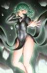  1girl black_dress blush breasts commentary_request curly_hair dress finalcake green_eyes green_hair highres long_sleeves looking_at_viewer no_panties one-punch_man short_hair small_breasts solo tatsumaki teeth 