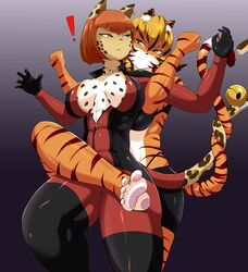  ! 2girls bell black_gloves blonde_hair bodysuit cat_girl cleavage furry gradient_background green_eyes leg_lock leopard multiple_girls orange_hair pawpads red_bodysuit restrained safurantora short_hair smirk tail_wrap tiger tiger_girl tight_clothing unzipped 