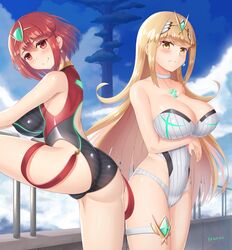  2girls absurdres ahoge ass bare_shoulders blonde_hair blush breasts competition_swimsuit from_behind highres mythra_(xenoblade) pyra_(xenoblade) large_breasts long_hair looking_at_viewer looking_back multiple_girls one-piece_swimsuit red_eyes redhead shiny shiny_clothes shiny_hair shiny_skin short_hair sideboob smile swimsuit thigh_strap tiara very_long_hair xenoblade_(series) xenoblade_2 yanows yellow_eyes 