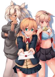  3girls absurdres alternate_costume aqua_eyes awa_yume between_breasts black_ribbon black_skirt blonde_hair blue_bra blue_jacket blue_skirt bra breasts commentary_request dark_skin glasses grey_hair grey_sweater hair_flaps hair_ornament hair_ribbon hairclip highres holding_letter jacket kantai_collection large_breasts letter lifted_by_self long_hair long_sleeves looking_at_viewer low_twintails miniskirt mouth_hold multiple_girls musashi_(kantai_collection) pleated_skirt pointy_hair prinz_eugen_(kantai_collection) red_eyes red_jacket remodel_(kantai_collection) ribbon semi-rimless_eyewear shirt_lift short_hair_with_long_locks skirt smile standing sweater twintails two_side_up under-rim_eyewear underwear white_background yuudachi_(kantai_collection) 