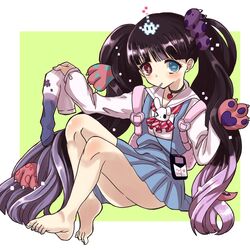  backpack bag barefoot blue_dress blue_eyes brown_hair choker commentary_request dress gradient_hair heterochromia highres holding legwear_removed long_hair long_sleeves mahou_shoujo_ikusei_keikaku multicolored_hair nakano_sorami nireo paws pink_hair shirt symbol-shaped_pupils very_long_hair white_shirt 
