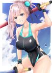  1girl bangs bare_shoulders black_ribbon black_swimsuit blue_eyes blue_sky blue_swimsuit blush breasts bun_cover collarbone fate/grand_order fate_(series) grin hair_bun hair_ribbon highleg highleg_swimsuit highres large_breasts long_hair looking_at_viewer miyamoto_musashi_(fate/grand_order) neneru one-piece_swimsuit pink_hair ponytail ribbon sky smile solo swimsuit toy_sword two-tone_swimsuit wet wristband 
