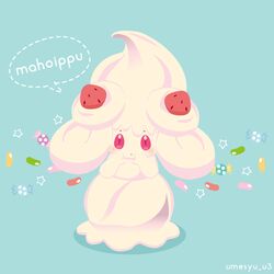  alcremie artist_name candy fruit fruit_on_head gen_8_pokemon light_blue_background pink pokemon pokemon_(creature) pokemon_swsh red_eyes solo star twitter_username umesyu_u3 whipped_cream 