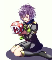  1girl 1other ahoge bernadetta_von_varley blush cravat fire_emblem fire_emblem:_three_houses fire_emblem:_three_houses flower_pot gzo1206 hug human intelligent_systems super_mario_bros. nintendo nintendo_ead open_mouth piranha_plant plant pot purple_hair shadow sharp_teeth short_hair simple_background super_mario_bros. super_smash_bros. teeth uniform venus_flytrap warp_pipe wavy_mouth 